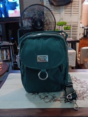 Forest Green Nylon Mini Crossbody Backpack with Silver Hardware
